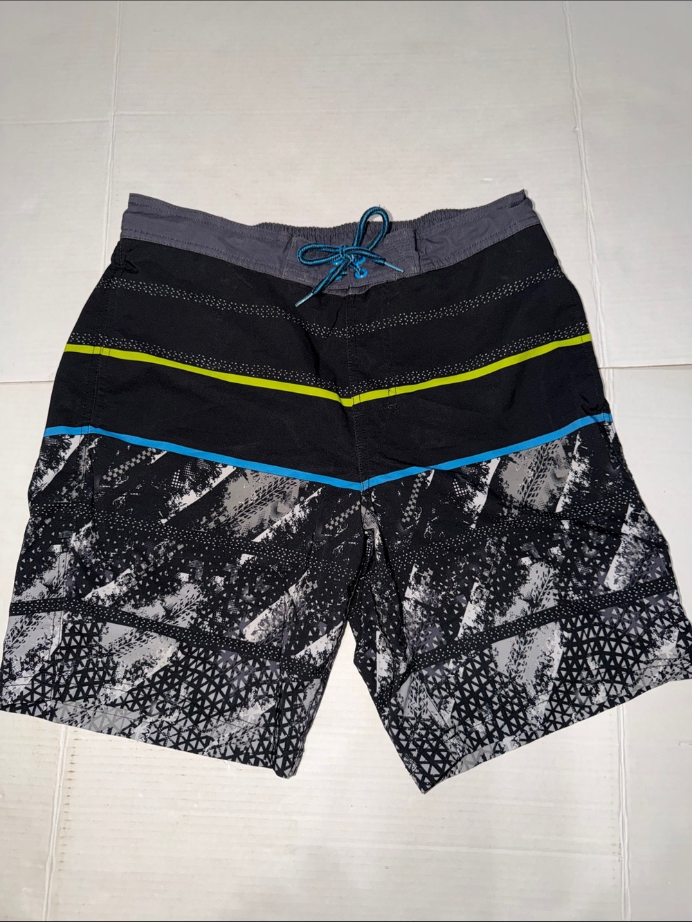 George Black Swim Board Shorts with Blue and Lime Stripes